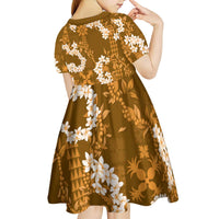 Mokihana Maile and Ilima Leis Kid Short Sleeve Dress Alani Hawaiian Tapa Quilt Pattern - Polynesian Pride