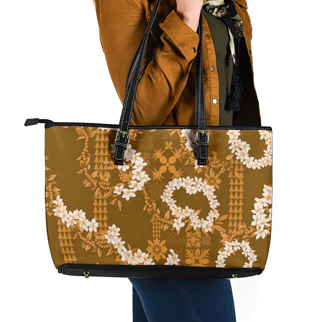 Mokihana Maile and Ilima Leis Leather Tote Bag Alani Hawaiian Tapa Quilt Pattern - Polynesian Pride