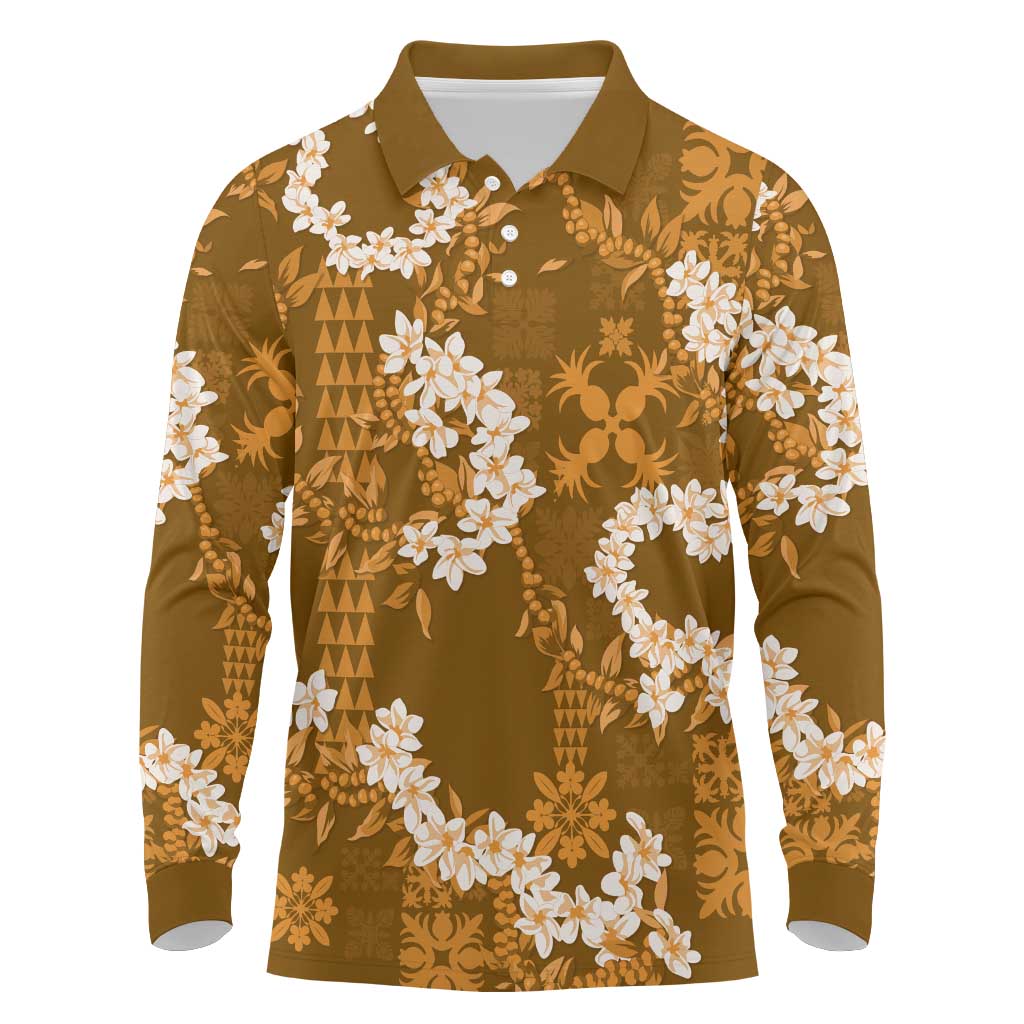 Mokihana Maile and Ilima Leis Long Sleeve Polo Shirt Alani Hawaiian Tapa Quilt Pattern - Polynesian Pride