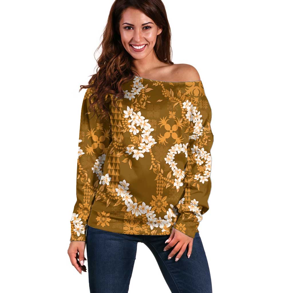 Mokihana Maile and Ilima Leis Off Shoulder Sweater Alani Hawaiian Tapa Quilt Pattern - Polynesian Pride
