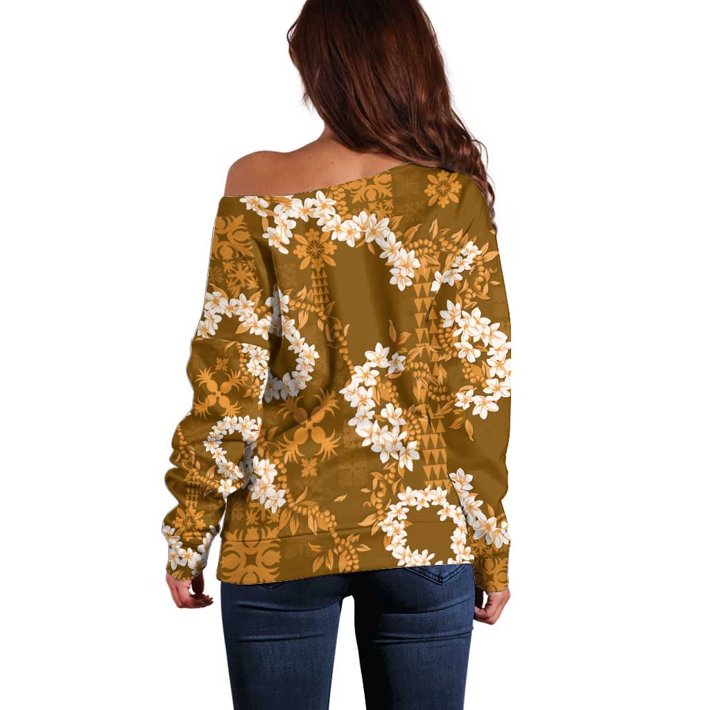 Mokihana Maile and Ilima Leis Off Shoulder Sweater Alani Hawaiian Tapa Quilt Pattern - Polynesian Pride
