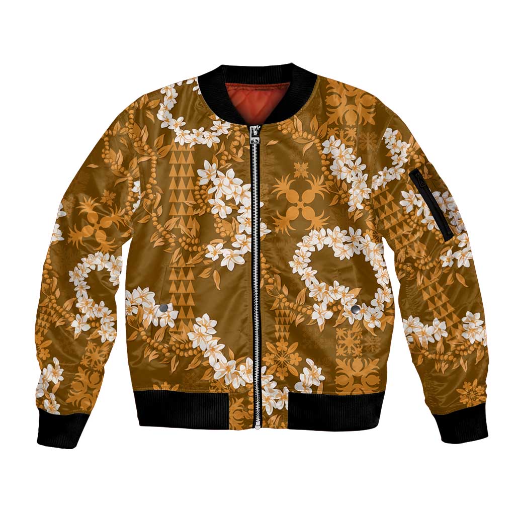Mokihana Maile and Ilima Leis Sleeve Zip Bomber Jacket Alani Hawaiian Tapa Quilt Pattern - Polynesian Pride