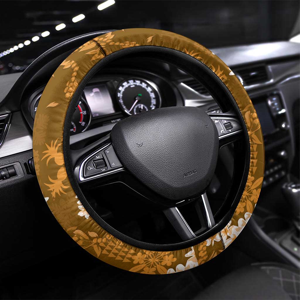 Mokihana Maile and Ilima Leis Steering Wheel Cover Alani Hawaiian Tapa Quilt Pattern - Polynesian Pride