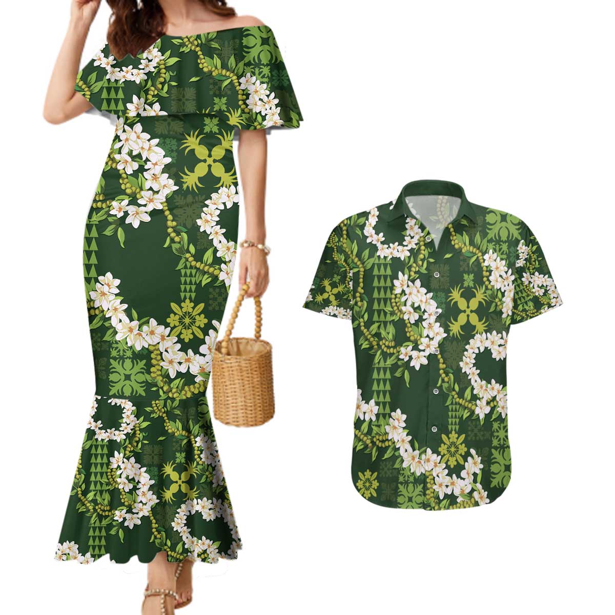 Mokihana Maile and Ilima Leis Couples Matching Mermaid Dress and Hawaiian Shirt Omaʻomaʻo Hawaiian Tapa Quilt Pattern - Polynesian Pride