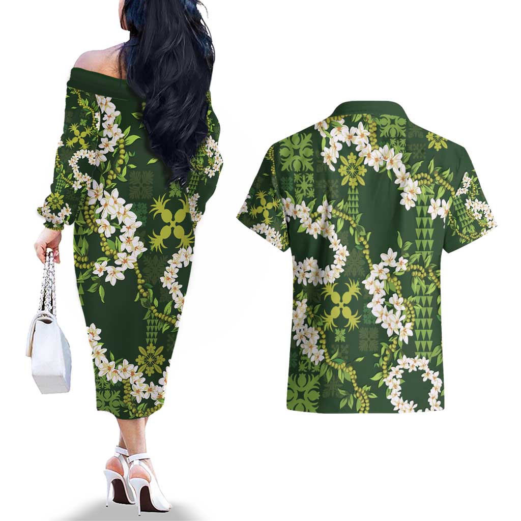 Mokihana Maile and Ilima Leis Couples Matching Off The Shoulder Long Sleeve Dress and Hawaiian Shirt Omaʻomaʻo Hawaiian Tapa Quilt Pattern - Polynesian Pride