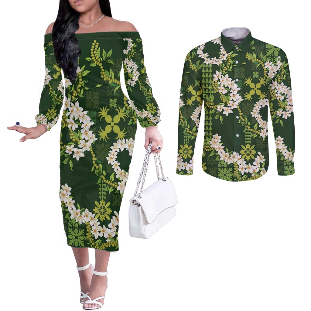 Mokihana Maile and Ilima Leis Couples Matching Off The Shoulder Long Sleeve Dress and Long Sleeve Button Shirt Omaʻomaʻo Hawaiian Tapa Quilt Pattern - Polynesian Pride