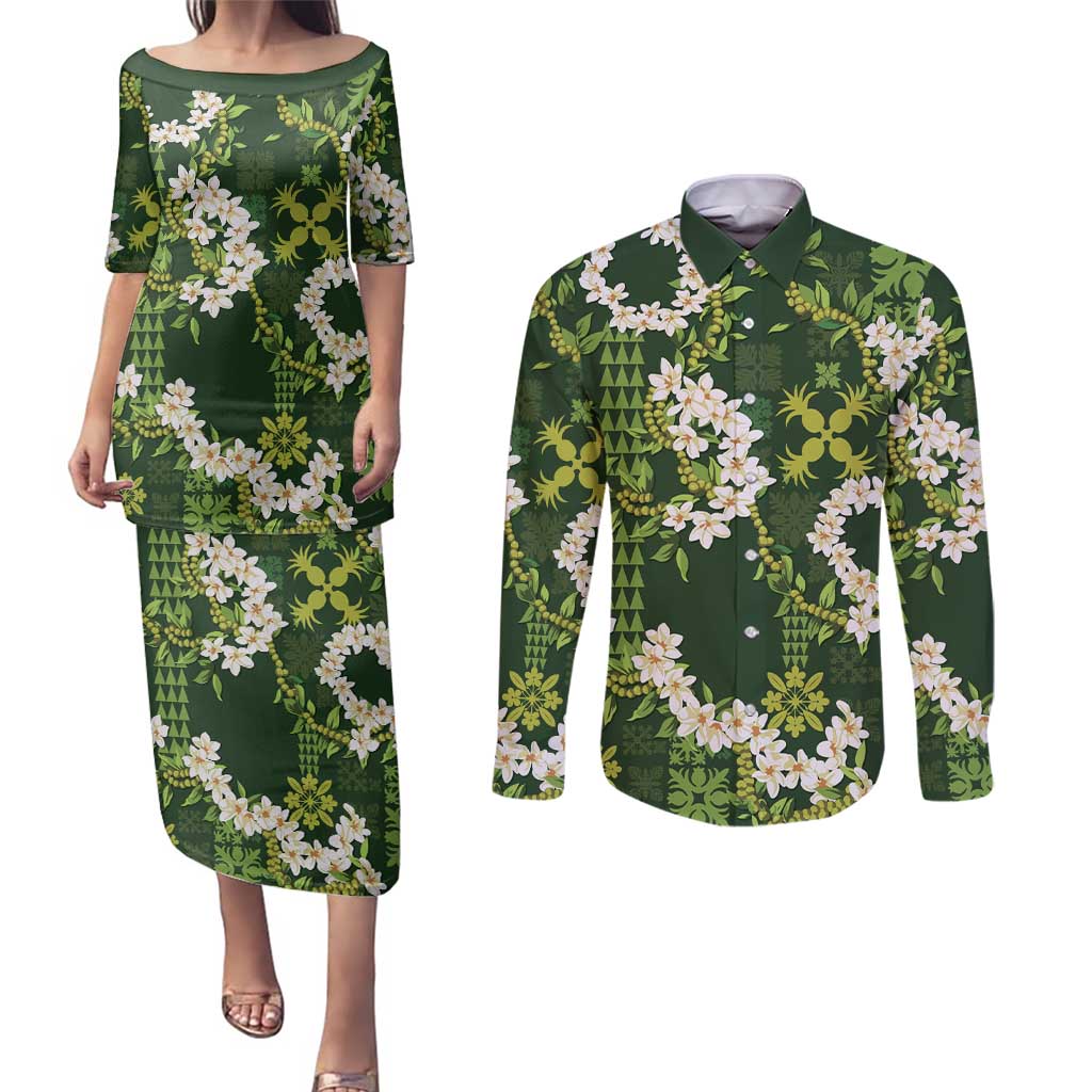 Mokihana Maile and Ilima Leis Couples Matching Puletasi and Long Sleeve Button Shirt Omaʻomaʻo Hawaiian Tapa Quilt Pattern - Polynesian Pride