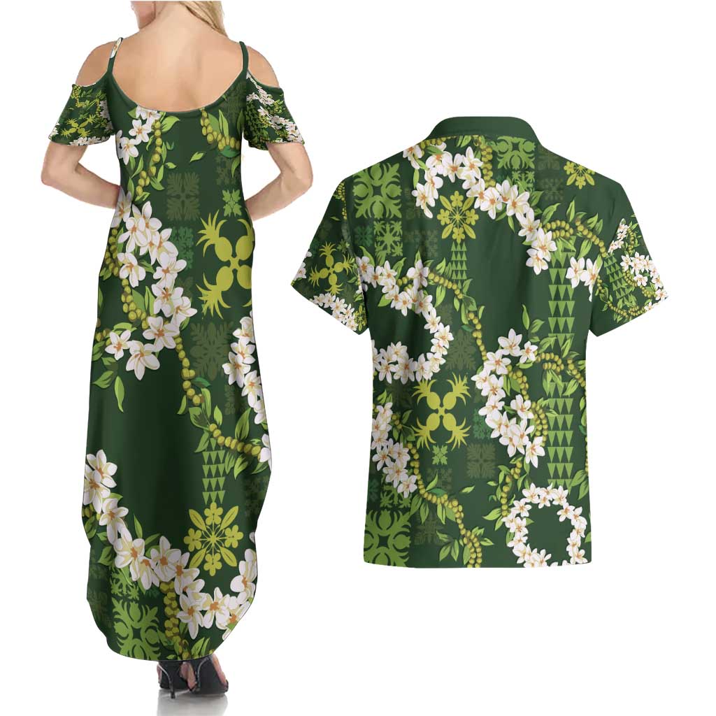 Mokihana Maile and Ilima Leis Couples Matching Summer Maxi Dress and Hawaiian Shirt Omaʻomaʻo Hawaiian Tapa Quilt Pattern - Polynesian Pride