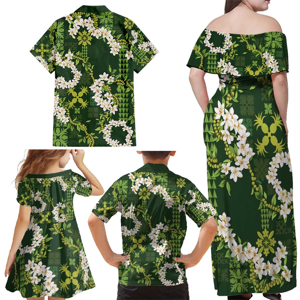 Mokihana Maile and Ilima Leis Family Matching Off Shoulder Maxi Dress and Hawaiian Shirt Omaʻomaʻo Hawaiian Tapa Quilt Pattern - Polynesian Pride