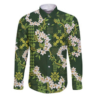 Mokihana Maile and Ilima Leis Family Matching Off Shoulder Maxi Dress and Hawaiian Shirt Omaʻomaʻo Hawaiian Tapa Quilt Pattern - Polynesian Pride