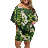 Mokihana Maile and Ilima Leis Family Matching Off Shoulder Short Dress and Hawaiian Shirt Omaʻomaʻo Hawaiian Tapa Quilt Pattern - Polynesian Pride
