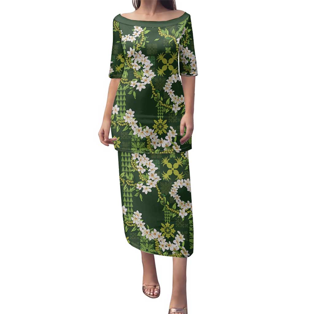 Mokihana Maile and Ilima Leis Family Matching Puletasi and Hawaiian Shirt Omaʻomaʻo Hawaiian Tapa Quilt Pattern - Polynesian Pride