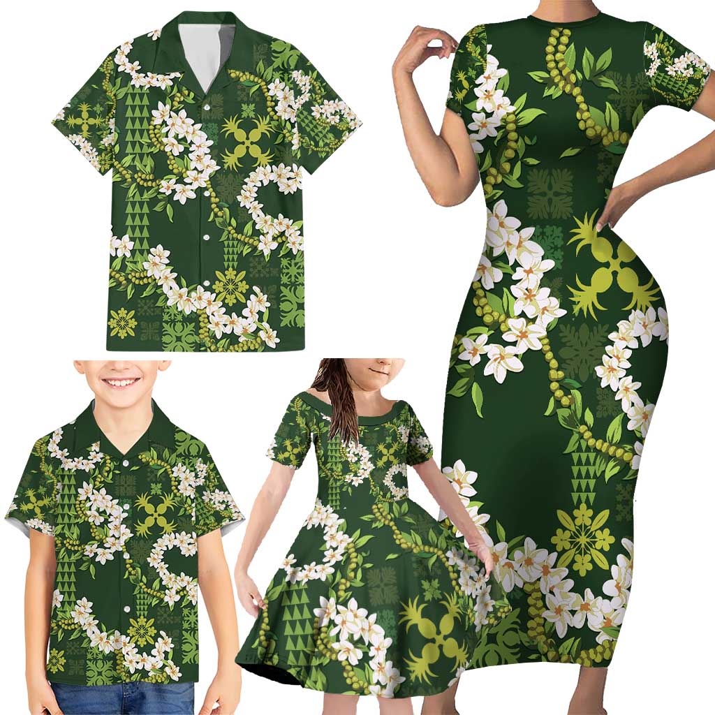 Mokihana Maile and Ilima Leis Family Matching Short Sleeve Bodycon Dress and Hawaiian Shirt Omaʻomaʻo Hawaiian Tapa Quilt Pattern - Polynesian Pride