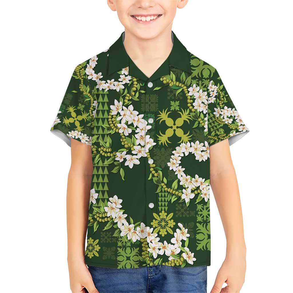 Mokihana Maile and Ilima Leis Kid Hawaiian Shirt Omaʻomaʻo Hawaiian Tapa Quilt Pattern - Polynesian Pride