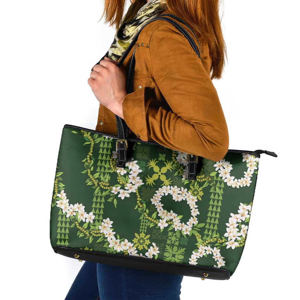 Mokihana Maile and Ilima Leis Leather Tote Bag Omaʻomaʻo Hawaiian Tapa Quilt Pattern - Polynesian Pride