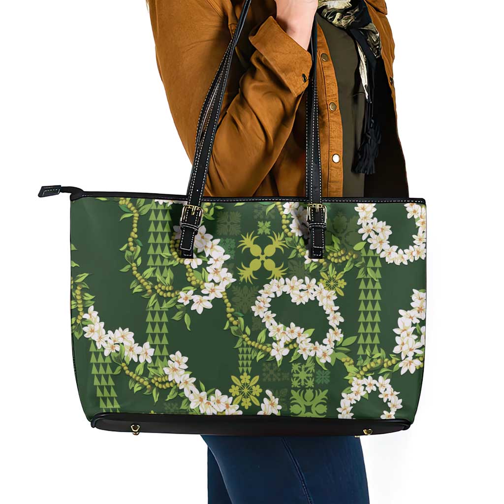 Mokihana Maile and Ilima Leis Leather Tote Bag Omaʻomaʻo Hawaiian Tapa Quilt Pattern - Polynesian Pride