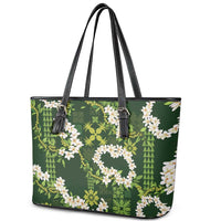 Mokihana Maile and Ilima Leis Leather Tote Bag Omaʻomaʻo Hawaiian Tapa Quilt Pattern - Polynesian Pride