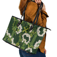 Mokihana Maile and Ilima Leis Leather Tote Bag Omaʻomaʻo Hawaiian Tapa Quilt Pattern - Polynesian Pride