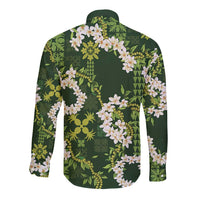Mokihana Maile and Ilima Leis Long Sleeve Button Shirt Omaʻomaʻo Hawaiian Tapa Quilt Pattern - Polynesian Pride