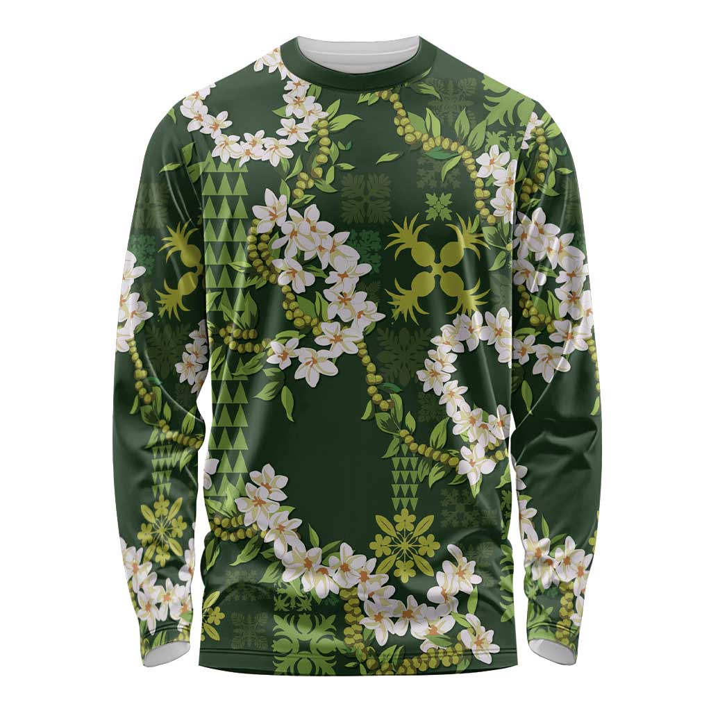 Mokihana Maile and Ilima Leis Long Sleeve Shirt Omaʻomaʻo Hawaiian Tapa Quilt Pattern - Polynesian Pride