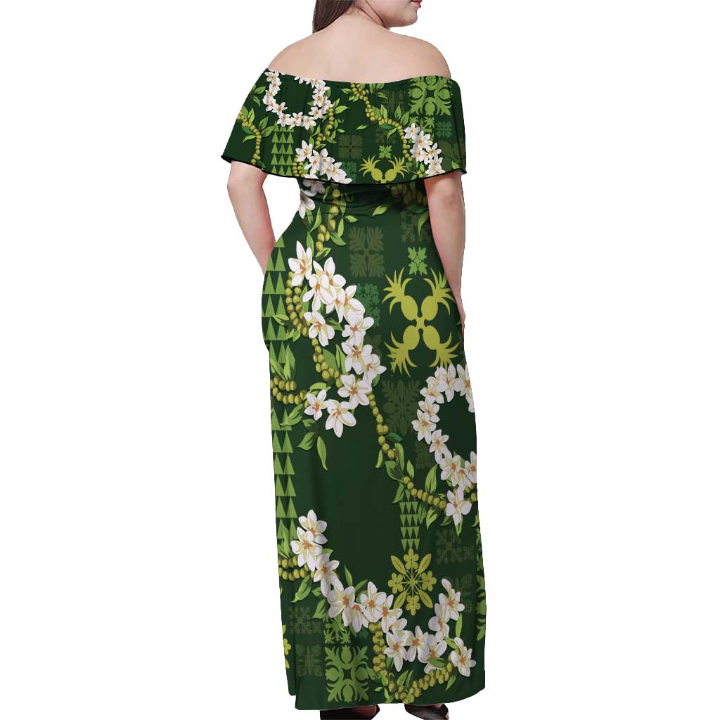 Mokihana Maile and Ilima Leis Off Shoulder Maxi Dress Omaʻomaʻo Hawaiian Tapa Quilt Pattern - Polynesian Pride