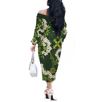 Mokihana Maile and Ilima Leis Off The Shoulder Long Sleeve Dress Omaʻomaʻo Hawaiian Tapa Quilt Pattern - Polynesian Pride