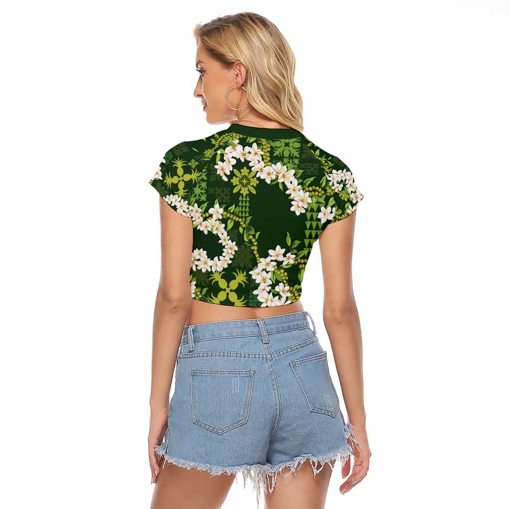 Mokihana Maile and Ilima Leis Raglan Cropped T Shirt Omaʻomaʻo Hawaiian Tapa Quilt Pattern - Polynesian Pride