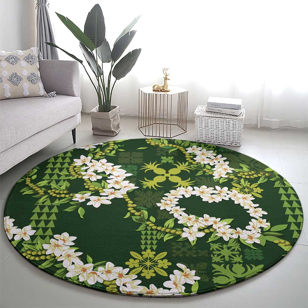 Mokihana Maile and Ilima Leis Round Carpet Omaʻomaʻo Hawaiian Tapa Quilt Pattern - Polynesian Pride