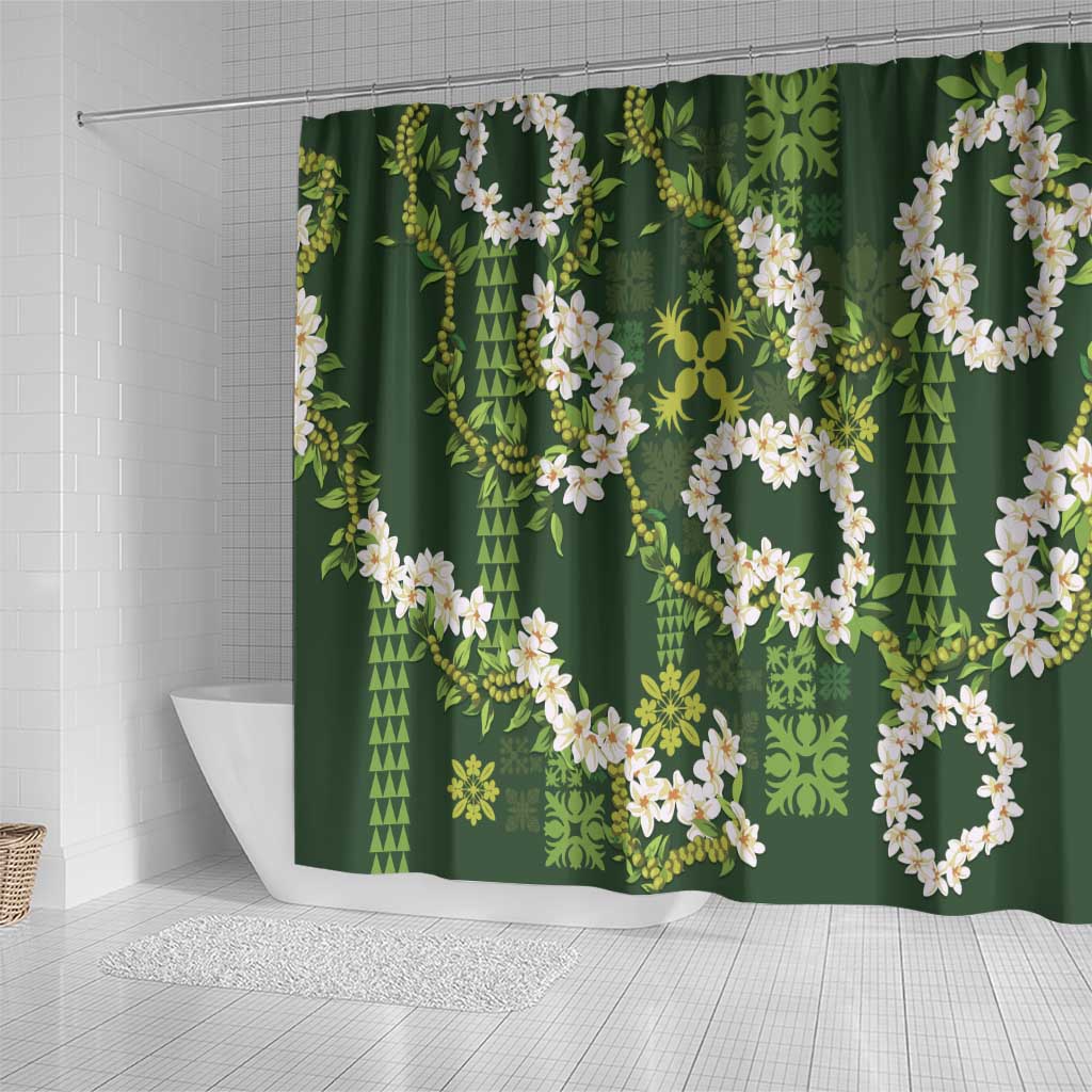 Mokihana Maile and Ilima Leis Shower Curtain Omaʻomaʻo Hawaiian Tapa Quilt Pattern - Polynesian Pride