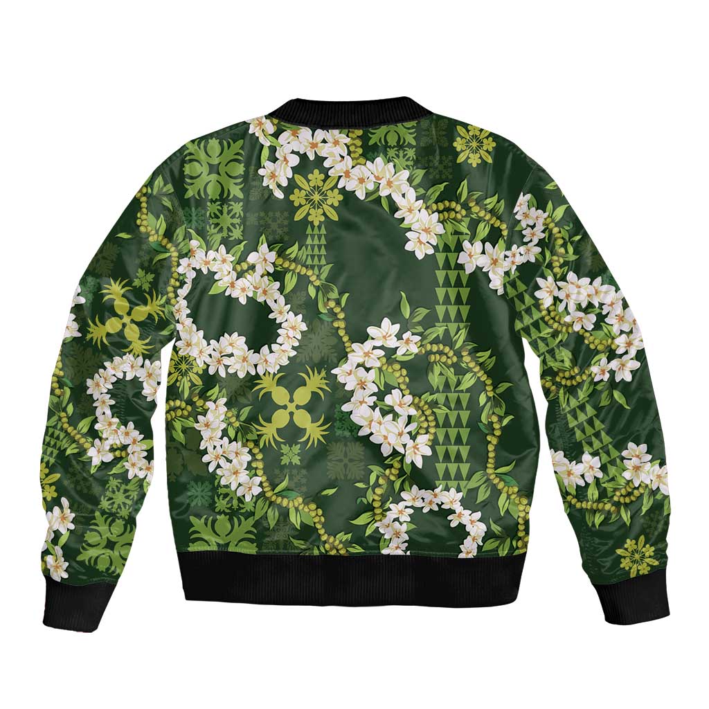 Mokihana Maile and Ilima Leis Sleeve Zip Bomber Jacket Omaʻomaʻo Hawaiian Tapa Quilt Pattern - Polynesian Pride