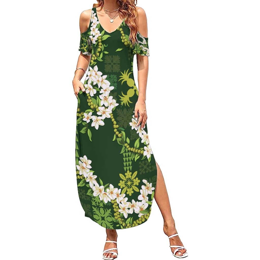Mokihana Maile and Ilima Leis Summer Maxi Dress Omaʻomaʻo Hawaiian Tapa Quilt Pattern - Polynesian Pride