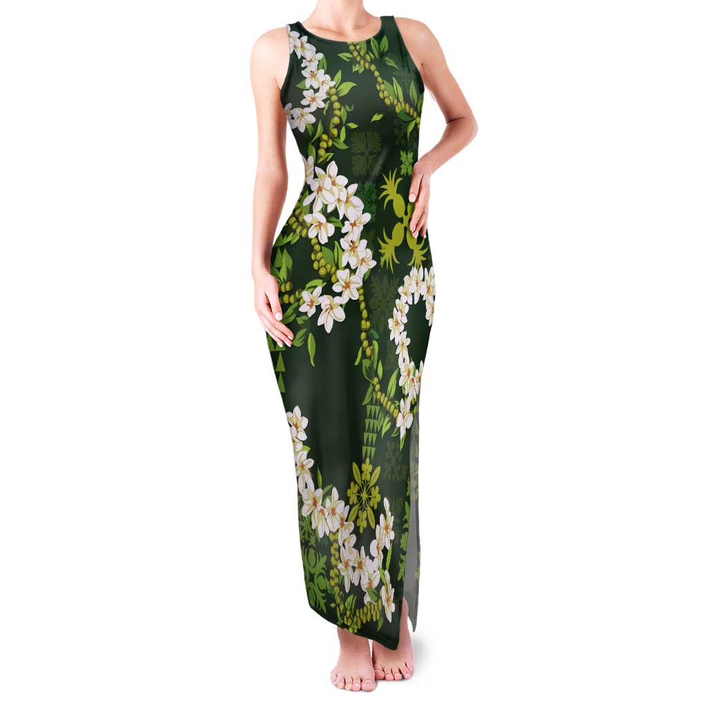 Mokihana Maile and Ilima Leis Tank Maxi Dress Omaʻomaʻo Hawaiian Tapa Quilt Pattern - Polynesian Pride