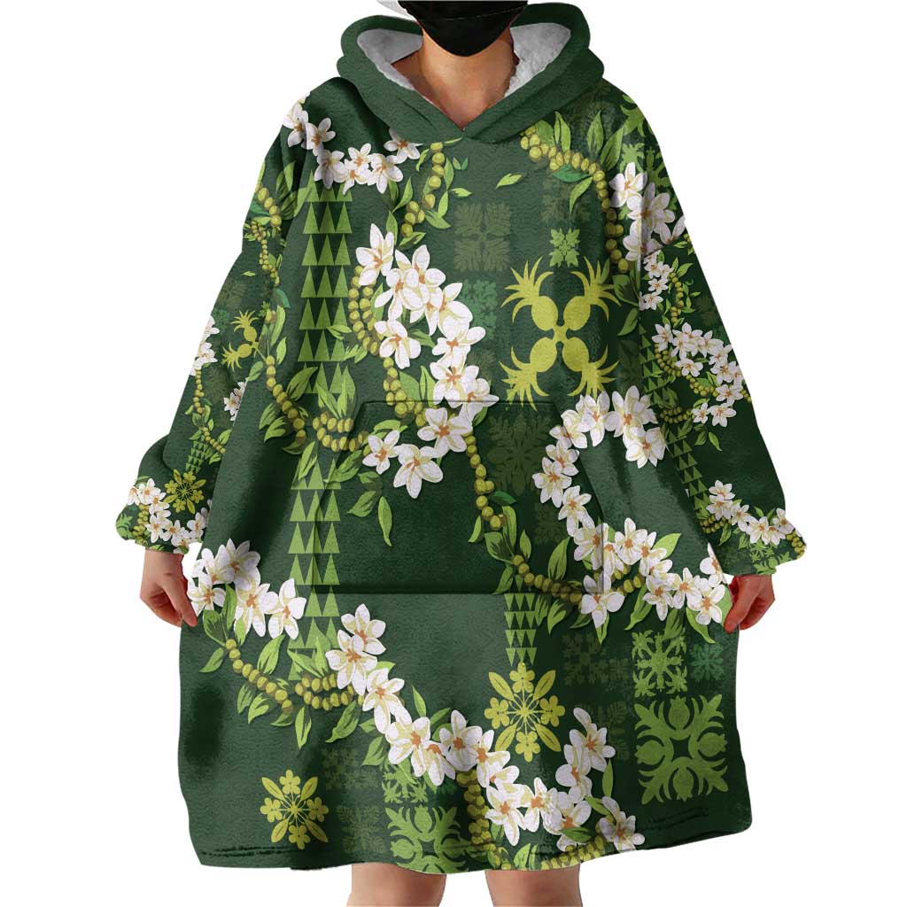 Mokihana Maile and Ilima Leis Wearable Blanket Hoodie Omaʻomaʻo Hawaiian Tapa Quilt Pattern - Polynesian Pride