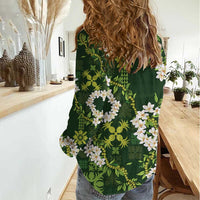 Mokihana Maile and Ilima Leis Women Casual Shirt Omaʻomaʻo Hawaiian Tapa Quilt Pattern - Polynesian Pride