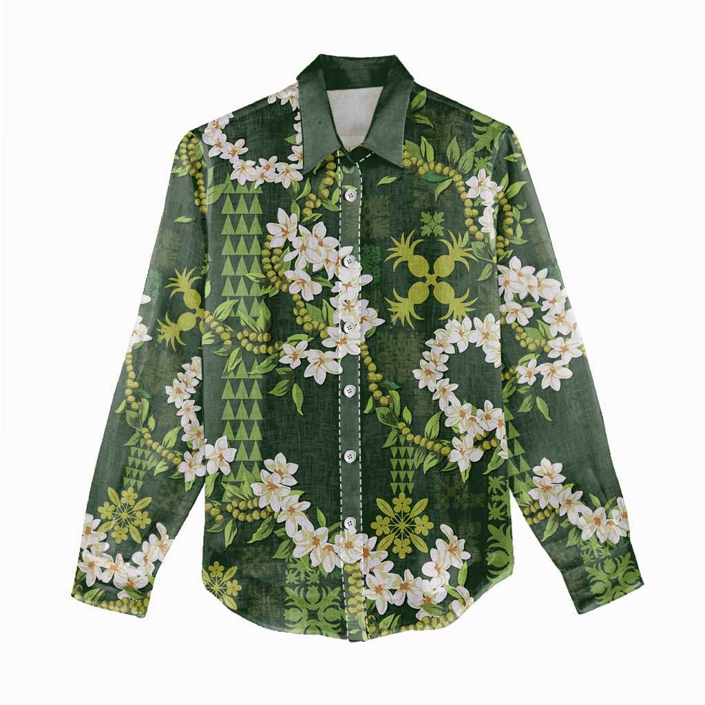 Mokihana Maile and Ilima Leis Women Casual Shirt Omaʻomaʻo Hawaiian Tapa Quilt Pattern - Polynesian Pride