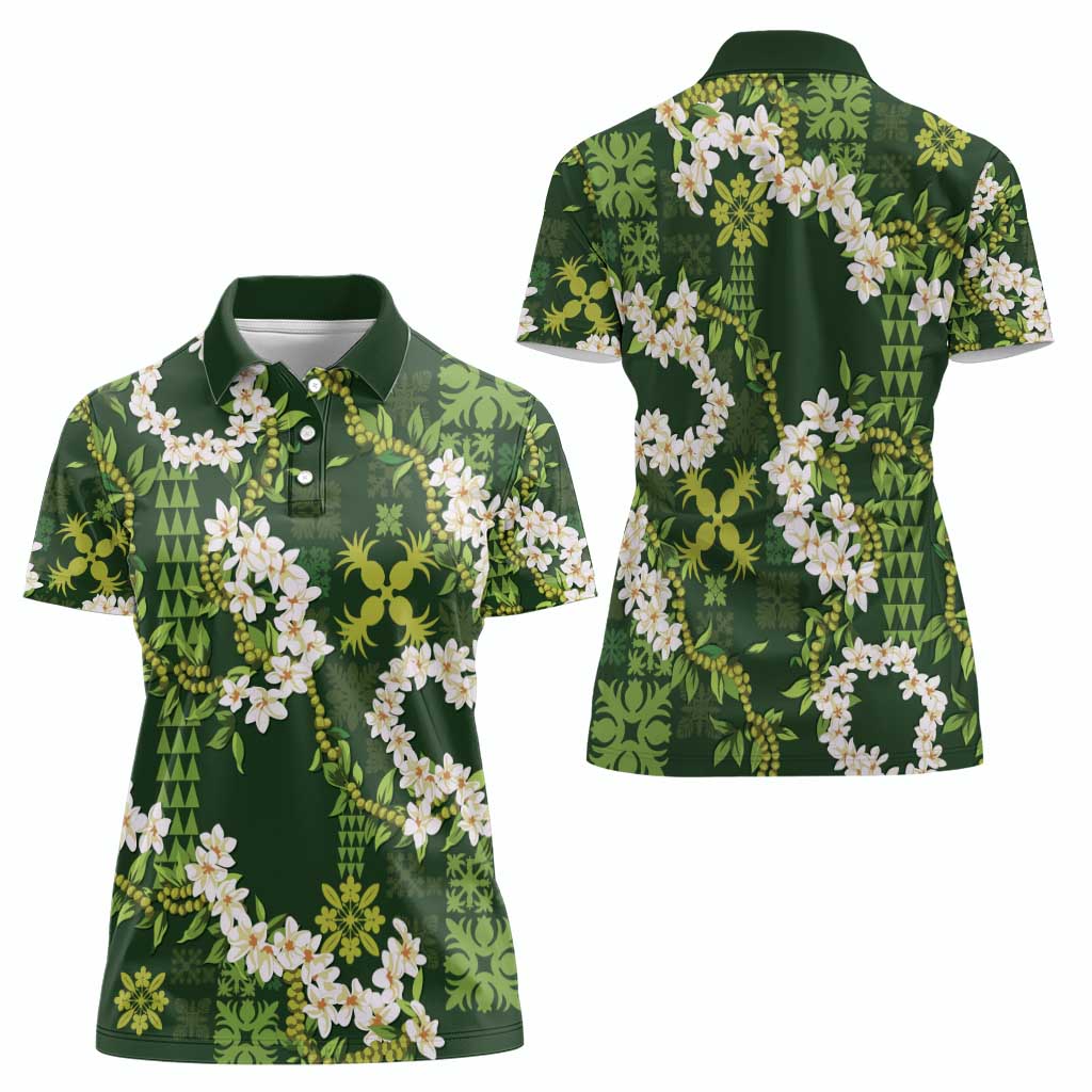 Mokihana Maile and Ilima Leis Women Polo Shirt Omaʻomaʻo Hawaiian Tapa Quilt Pattern - Polynesian Pride