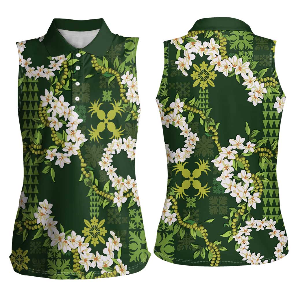 Mokihana Maile and Ilima Leis Women Sleeveless Polo Shirt Omaʻomaʻo Hawaiian Tapa Quilt Pattern - Polynesian Pride