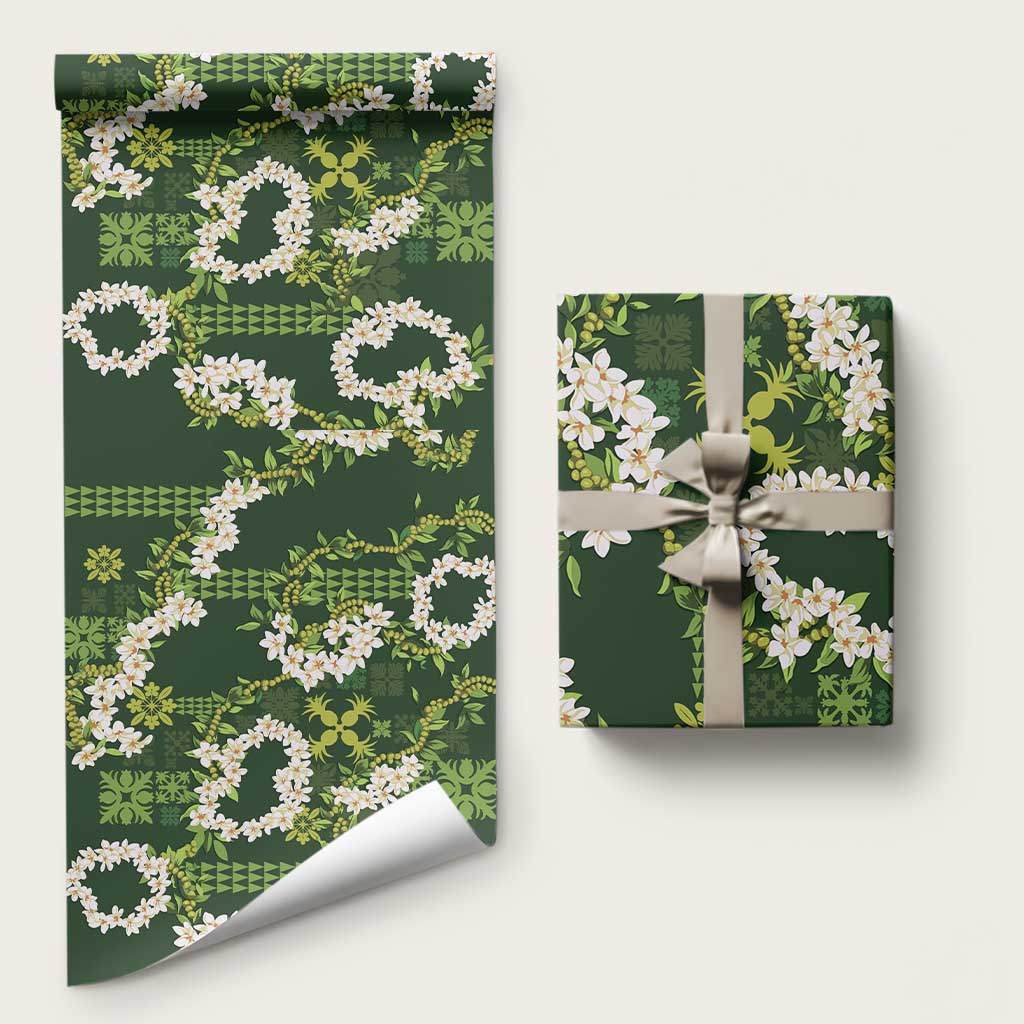Mokihana Maile and Ilima Leis Wrapping Paper Omaʻomaʻo Hawaiian Tapa Quilt Pattern LT9 58" × 23" Green - Polynesian Pride