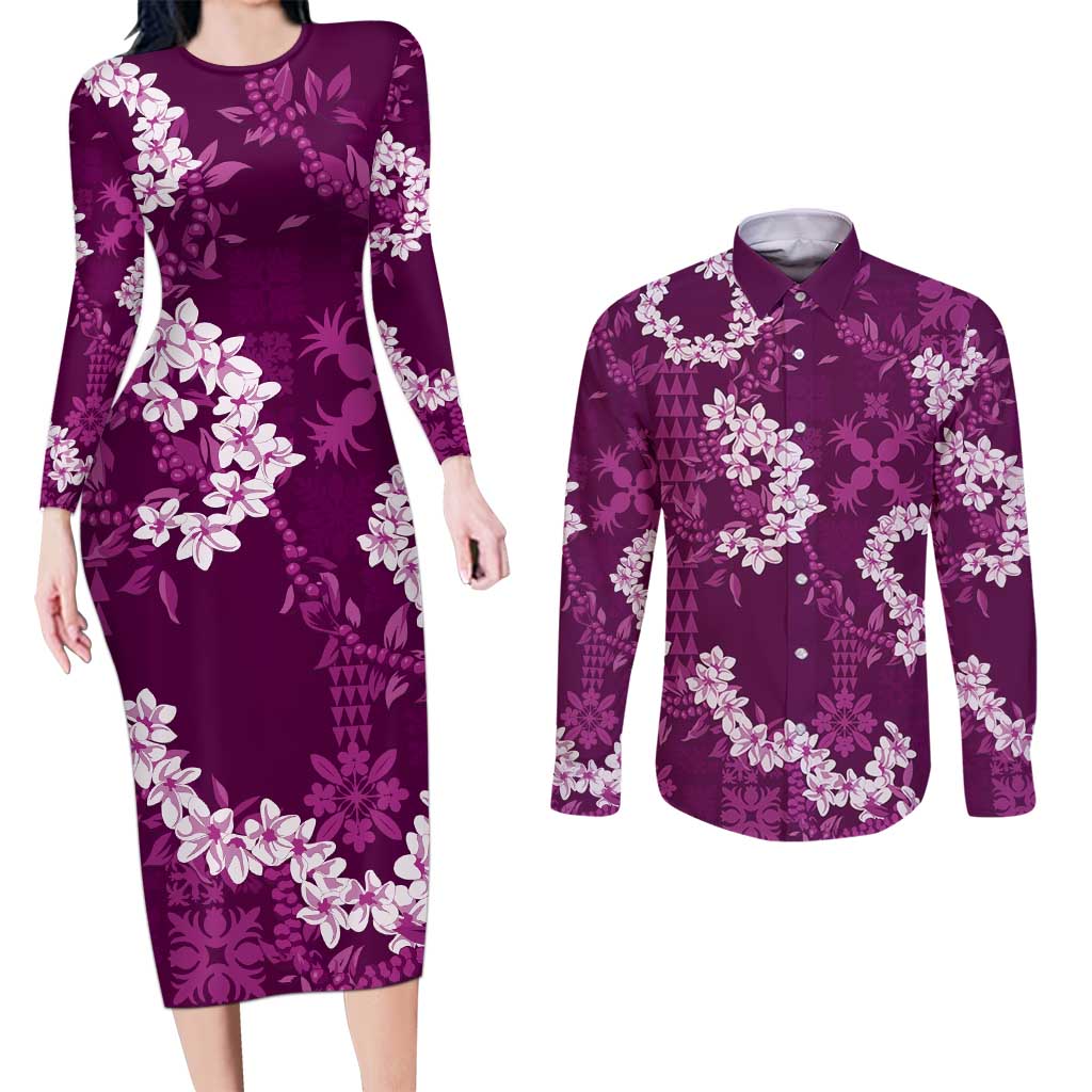 Mokihana Maile and Ilima Leis Couples Matching Long Sleeve Bodycon Dress and Long Sleeve Button Shirt Akala Hawaiian Tapa Quilt Pattern - Polynesian Pride