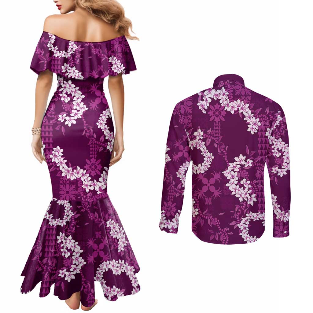 Mokihana Maile and Ilima Leis Couples Matching Mermaid Dress and Long Sleeve Button Shirt Akala Hawaiian Tapa Quilt Pattern - Polynesian Pride