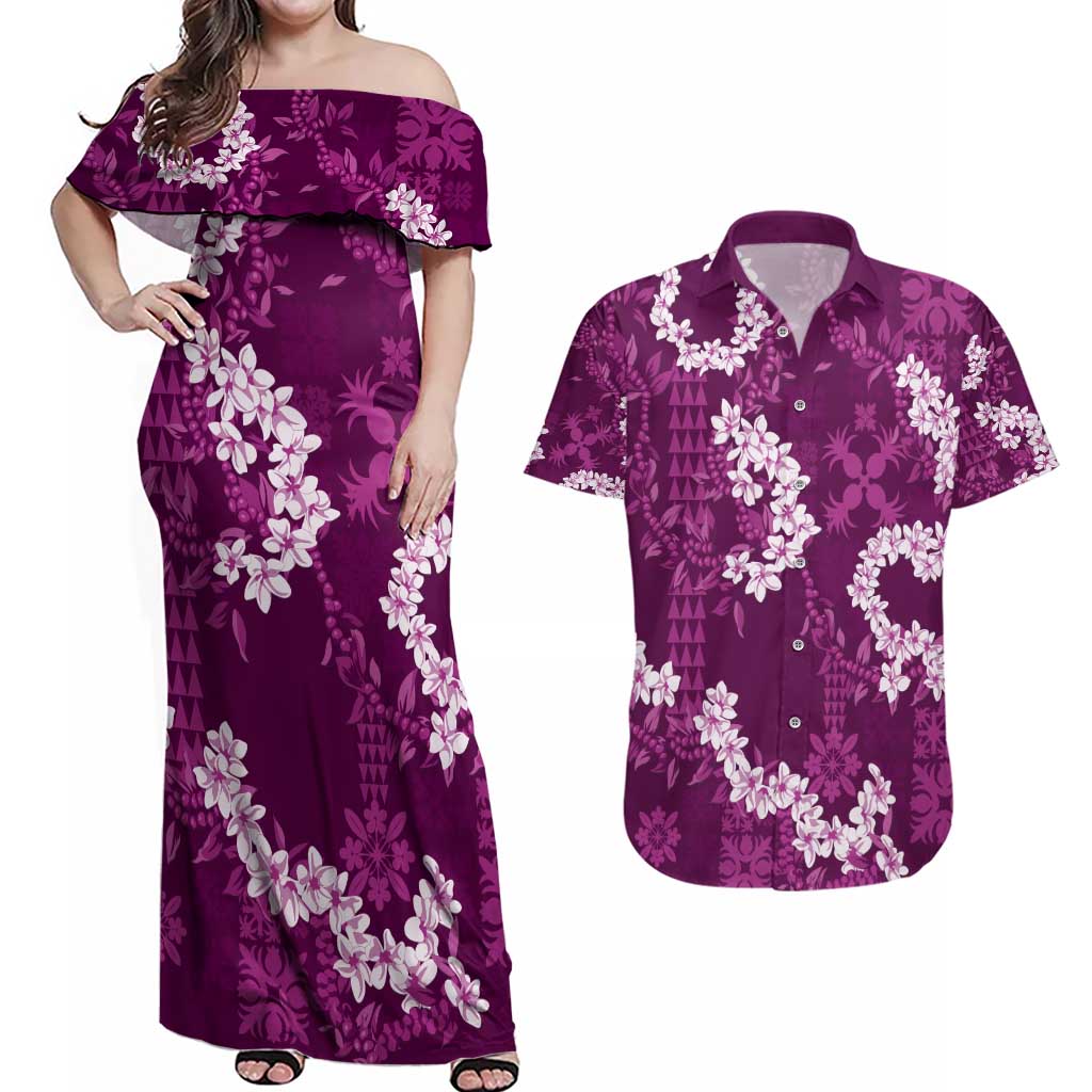 Mokihana Maile and Ilima Leis Couples Matching Off Shoulder Maxi Dress and Hawaiian Shirt Akala Hawaiian Tapa Quilt Pattern - Polynesian Pride