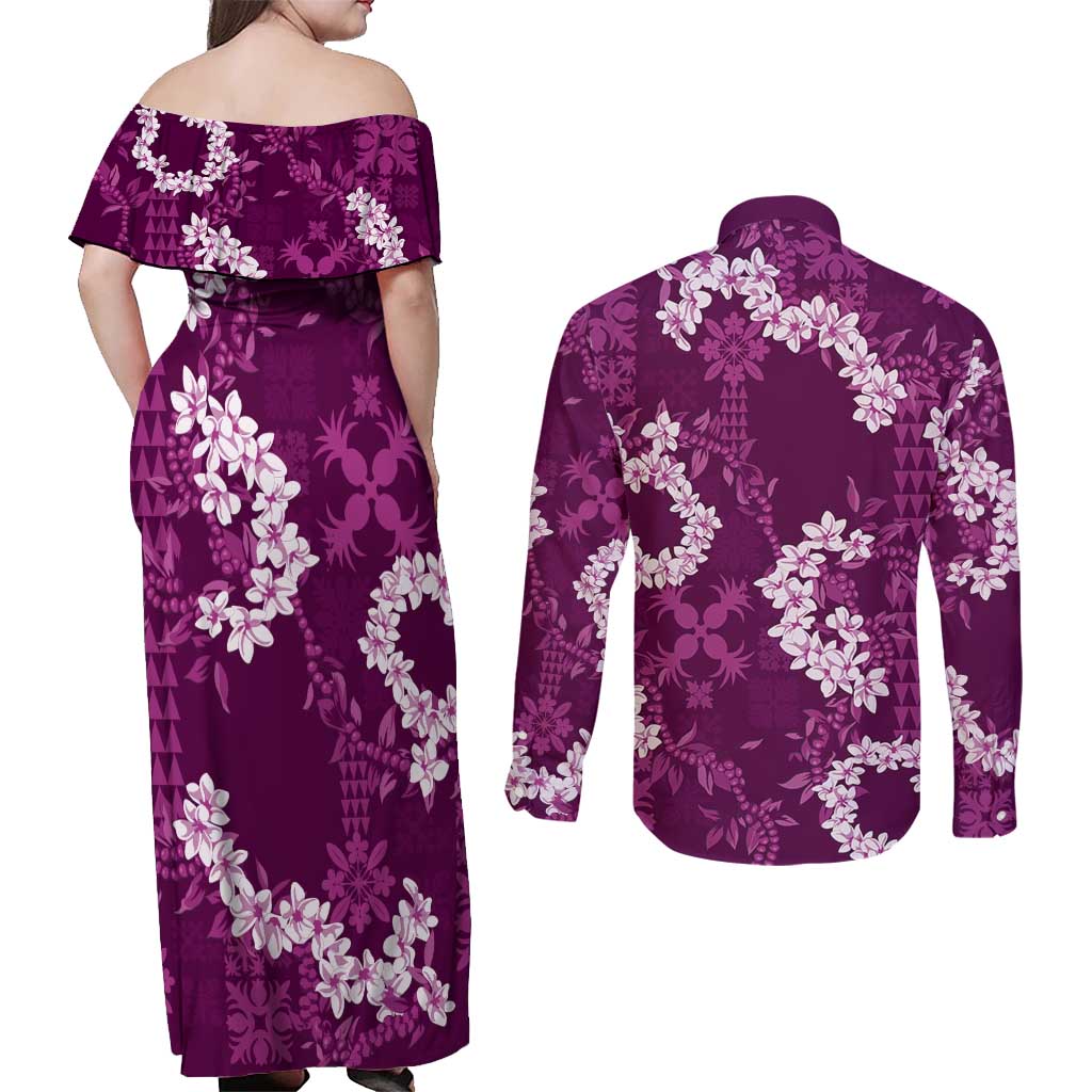 Mokihana Maile and Ilima Leis Couples Matching Off Shoulder Maxi Dress and Long Sleeve Button Shirt Akala Hawaiian Tapa Quilt Pattern - Polynesian Pride