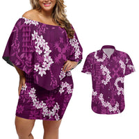 Mokihana Maile and Ilima Leis Couples Matching Off Shoulder Short Dress and Hawaiian Shirt Akala Hawaiian Tapa Quilt Pattern - Polynesian Pride