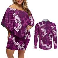 Mokihana Maile and Ilima Leis Couples Matching Off Shoulder Short Dress and Long Sleeve Button Shirt Akala Hawaiian Tapa Quilt Pattern - Polynesian Pride