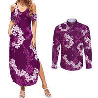 Mokihana Maile and Ilima Leis Couples Matching Summer Maxi Dress and Long Sleeve Button Shirt Akala Hawaiian Tapa Quilt Pattern - Polynesian Pride