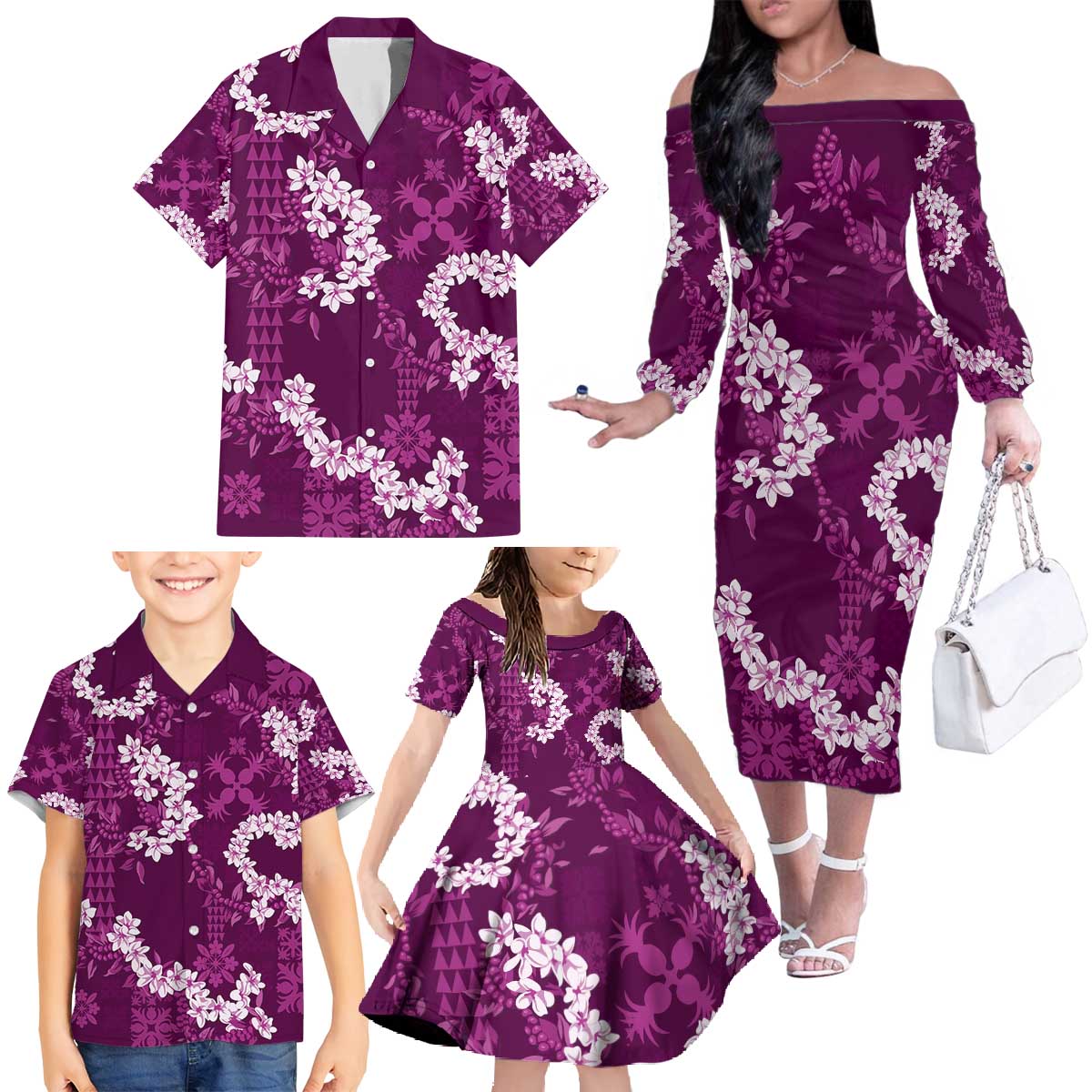 Mokihana Maile and Ilima Leis Family Matching Off The Shoulder Long Sleeve Dress and Hawaiian Shirt Akala Hawaiian Tapa Quilt Pattern - Polynesian Pride