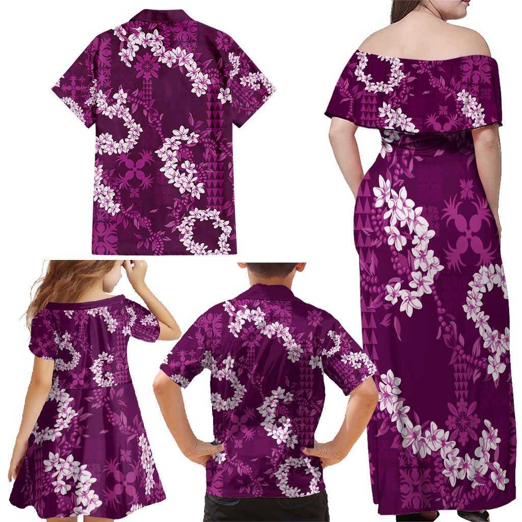 Mokihana Maile and Ilima Leis Family Matching Off Shoulder Maxi Dress and Hawaiian Shirt Akala Hawaiian Tapa Quilt Pattern - Polynesian Pride