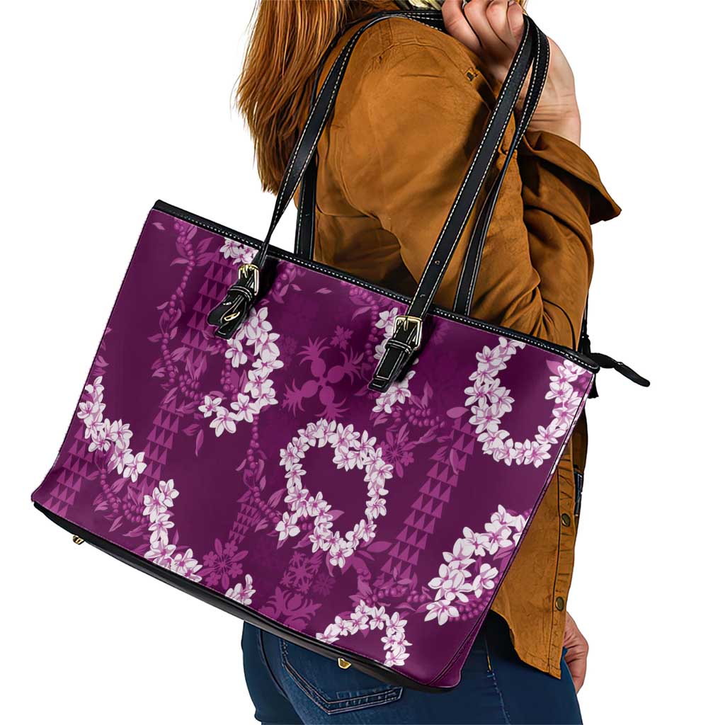 Mokihana Maile and Ilima Leis Leather Tote Bag Akala Hawaiian Tapa Quilt Pattern - Polynesian Pride