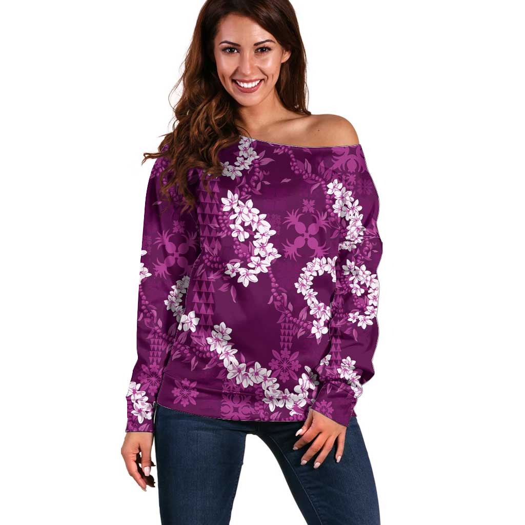 Mokihana Maile and Ilima Leis Off Shoulder Sweater Akala Hawaiian Tapa Quilt Pattern - Polynesian Pride