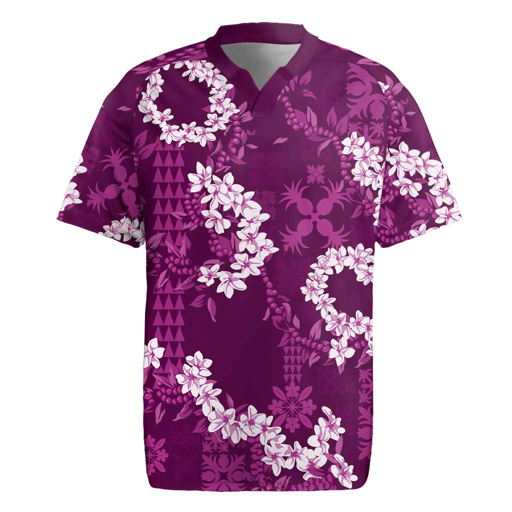 Mokihana Maile and Ilima Leis Rugby Jersey Akala Hawaiian Tapa Quilt Pattern LT9 Pink - Polynesian Pride